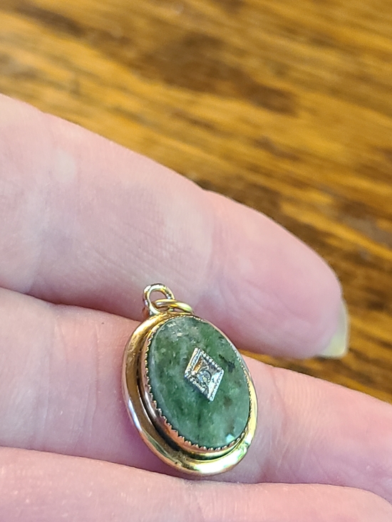 Antique Jewelry - Antique Gold Green Stone Oval Pendant with Silver Accent